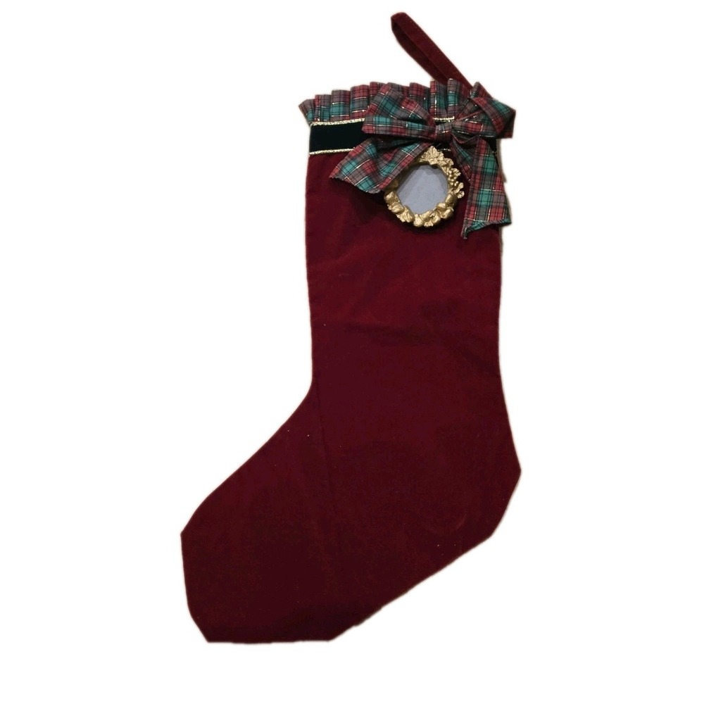 VTG Burgundy Velvet Christmas Stocking Tartan Plaid Gold Wreath Picture Frame - Picture 3 of 10